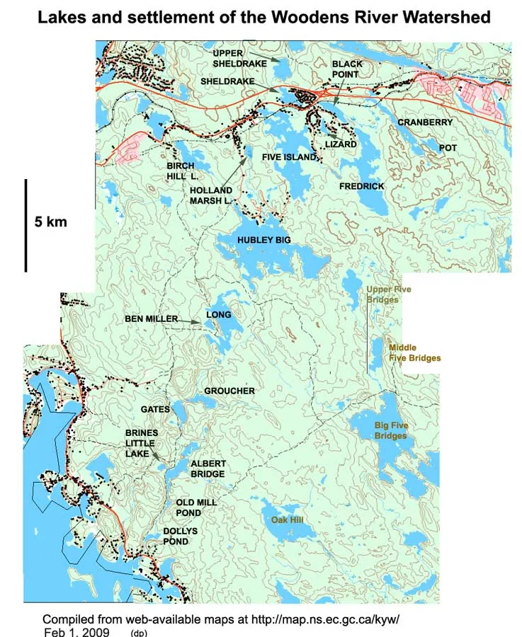 Map titled Lakes and settlement of the Woodens River Watershed, showing the chain of lakes from Sheldrake and Cranberry in the north down through Hubley Big, Croucher and Albert Bridge to St. Margaret's Bay, with settlement marked as dots along the shorelines.